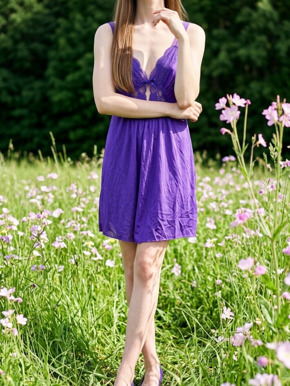 Women's Vintage 90s Royal Purple Chemise Slip Dress M Lace Cutout A-line Glam